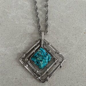 Vintage Blue Turquoise Chips Silver Pendant Necklace Gift Boho Bohemian Artisan